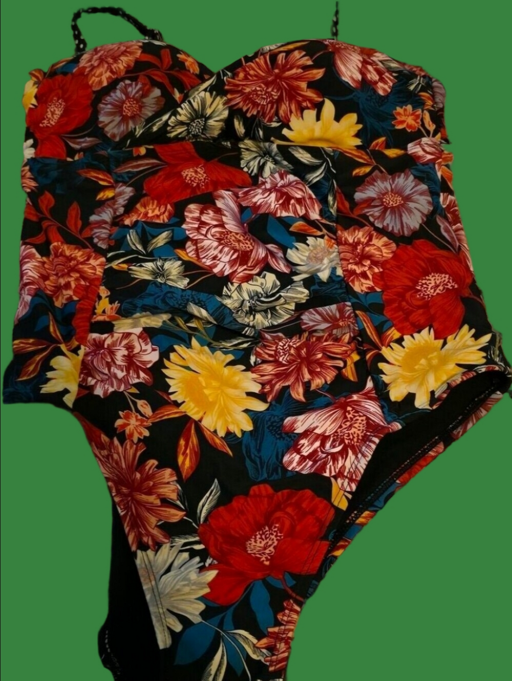 4/$25 Deal! Black Floral One-Piece Swimsuit with Red, Yellow & Blue Flowers